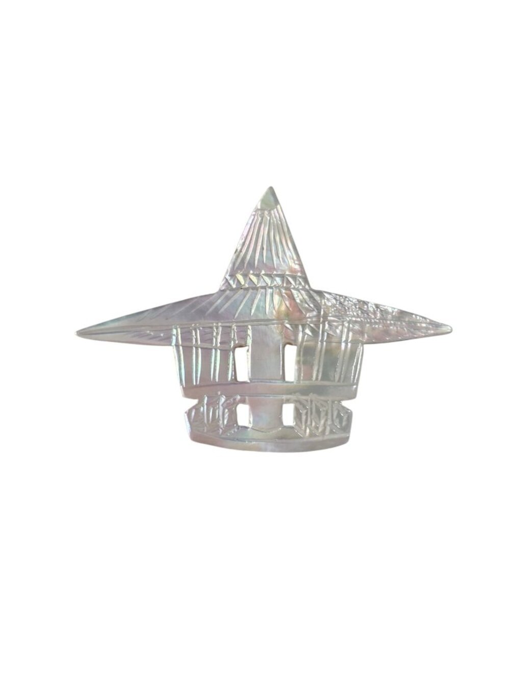 Vintage Carved Mother Of Pearl Pagoda Brooch Lapel Pin 2.5" x 1.75"